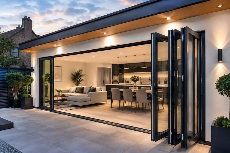 Aluminium bifold doors opening from a kitchen extension onto the garden
